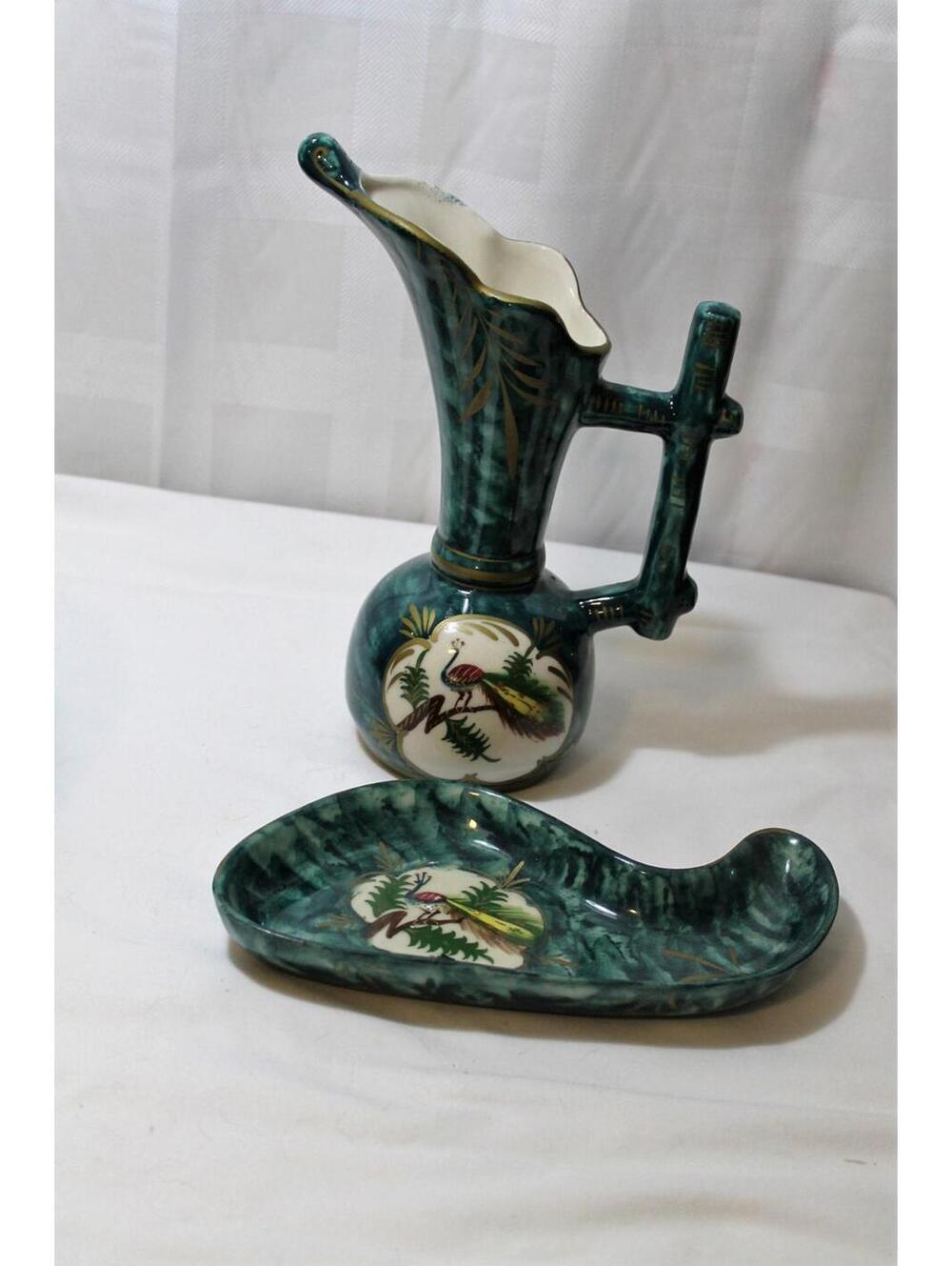 Majolica Peacock Ewer Vase and Trinket Dish with Hand Painted Peacock